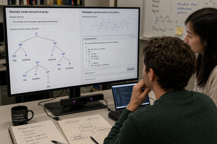 A researcher at a screen displaying a hierarchical syntax tree