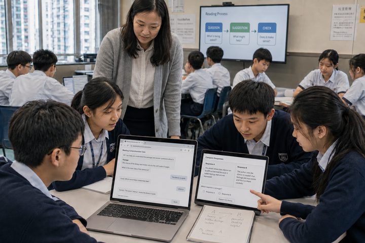 Secondary-school students working at laptops while a teacher leans in to help