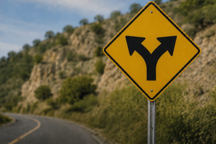 A road sign showing a forked arrow, marking a choice between two routes
