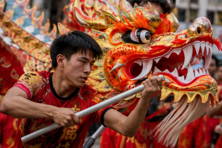 A performer carrying a dragon-dance head during a street festival