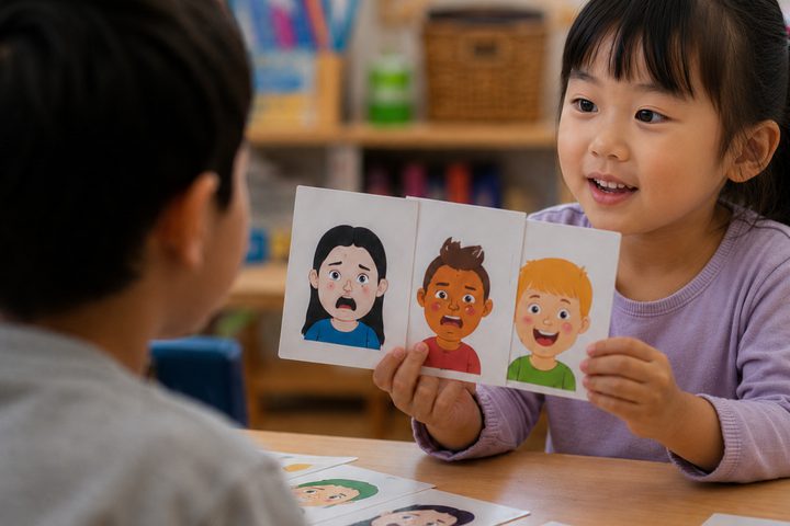 Two children matching picture cards across a table