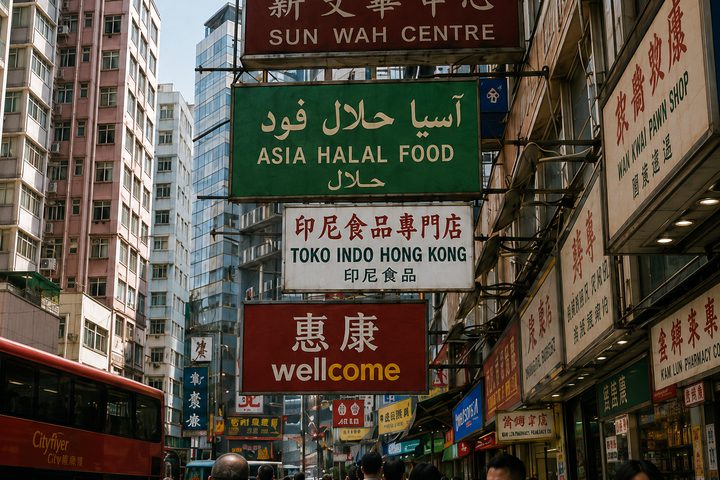 A Hong Kong street crowded with shop signs in Chinese, Arabic, English and Indonesian