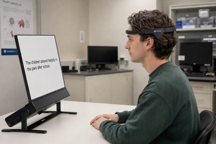 A participant wearing an EEG headband reads a sentence displayed on a monitor in a psycholinguistics lab